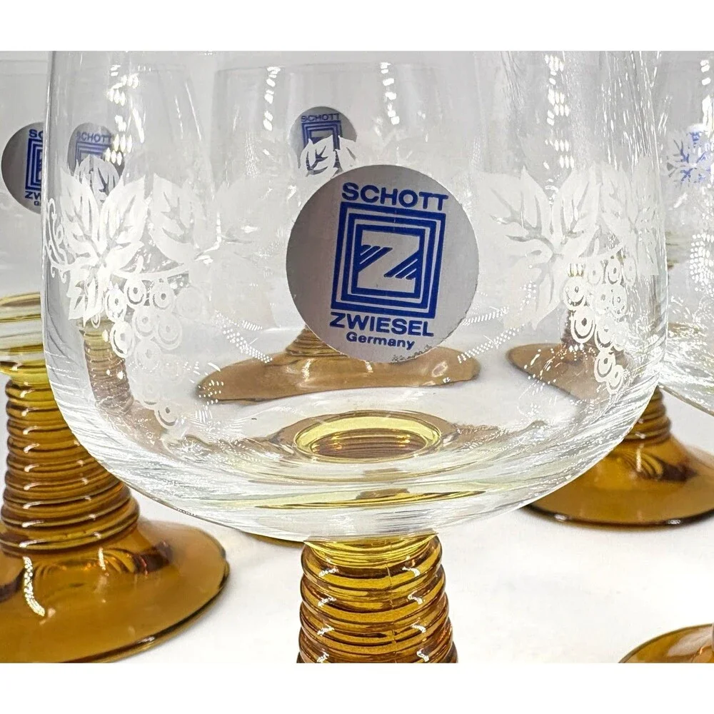 Schott Zwiesel Amber Stem Etched Wine Glasses Set of 6 Vintage German Crystal